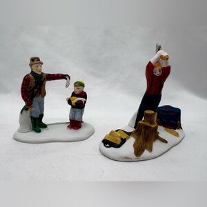 Lemax 1996 Wood Chopper & 1998 Too Bad, Dad Fishing Figurines Christmas Village